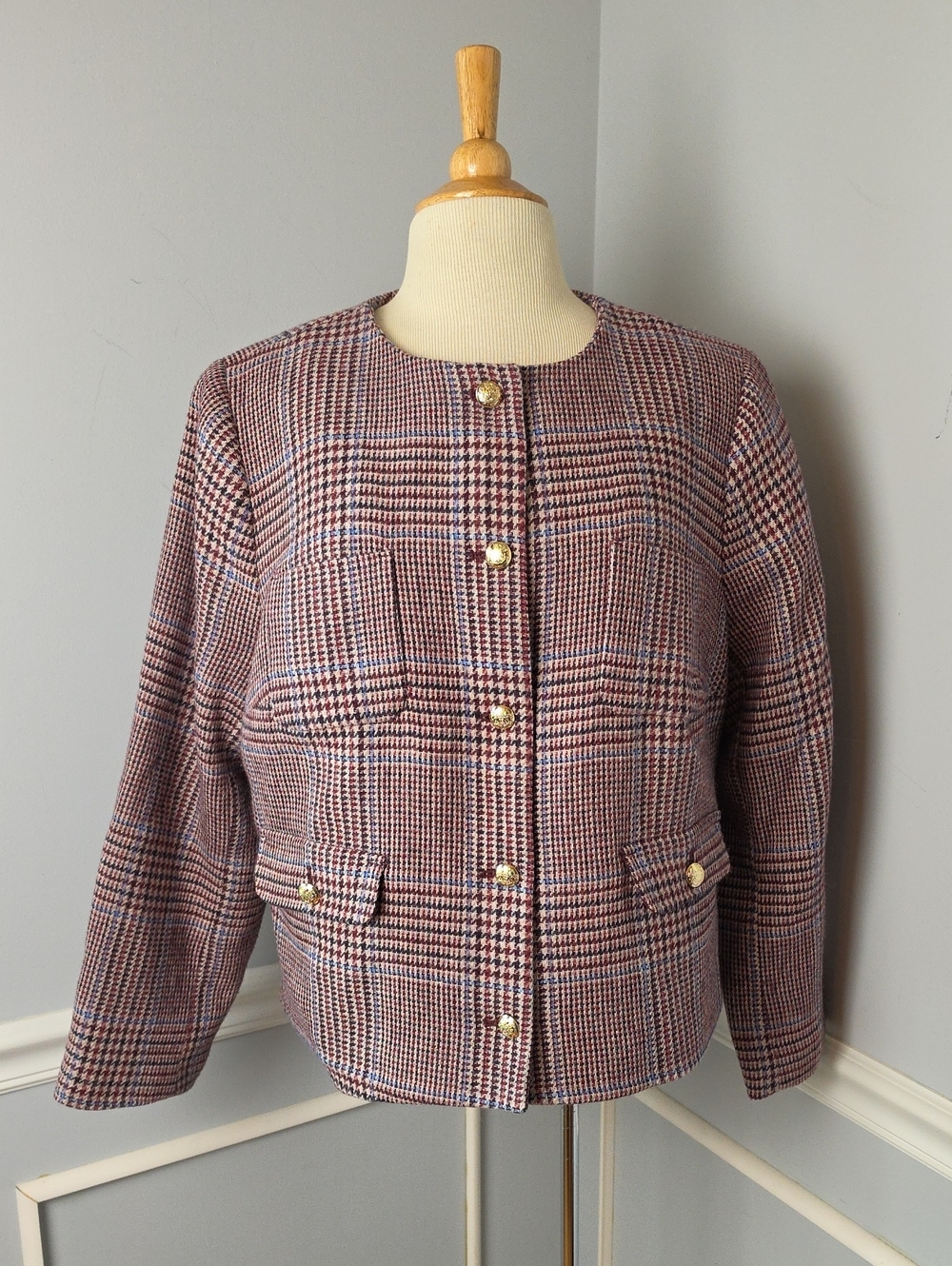 TALBOTS Plus Petite Shetland Autumn Plaid Patch Pocket Crop Lady Jacket 16WP